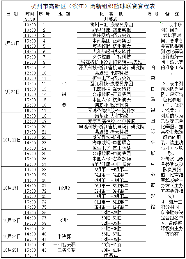杭州市高新區（濱江）兩新組織籃球聯賽賽程表